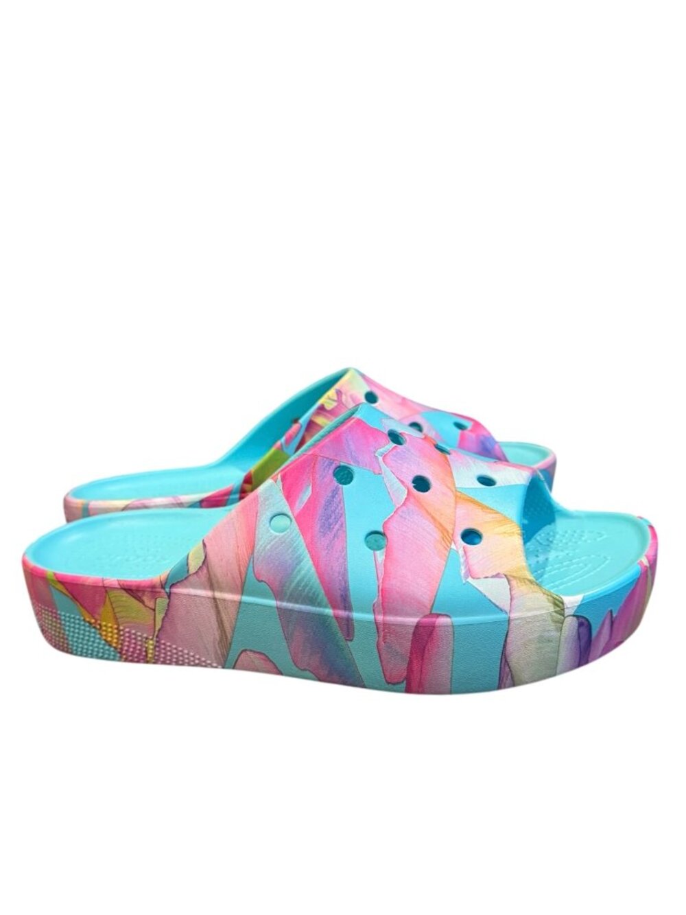 Crocs Classic Platform Palm Print Slides Women’s 10 Neptune Multi Tropical EUC